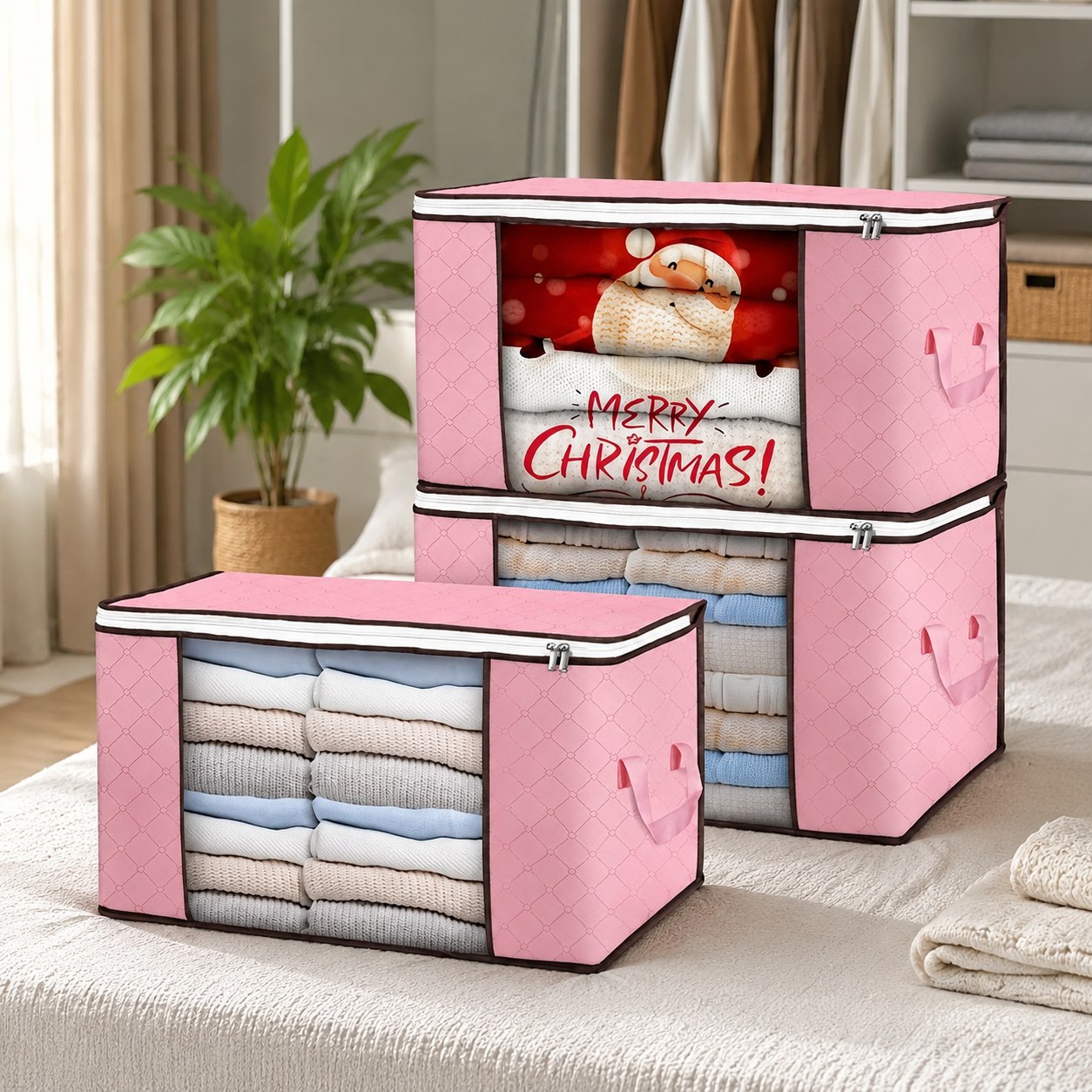 Set of 3 Large Capacity Pink Storage Bags — Household essentials