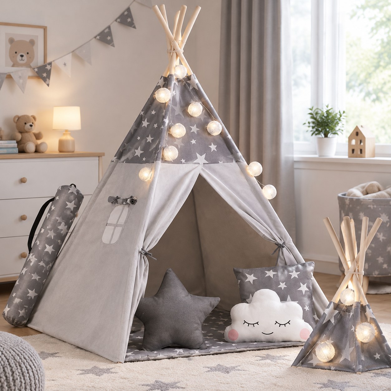 Kids tipi tent with garland and star lights, grey