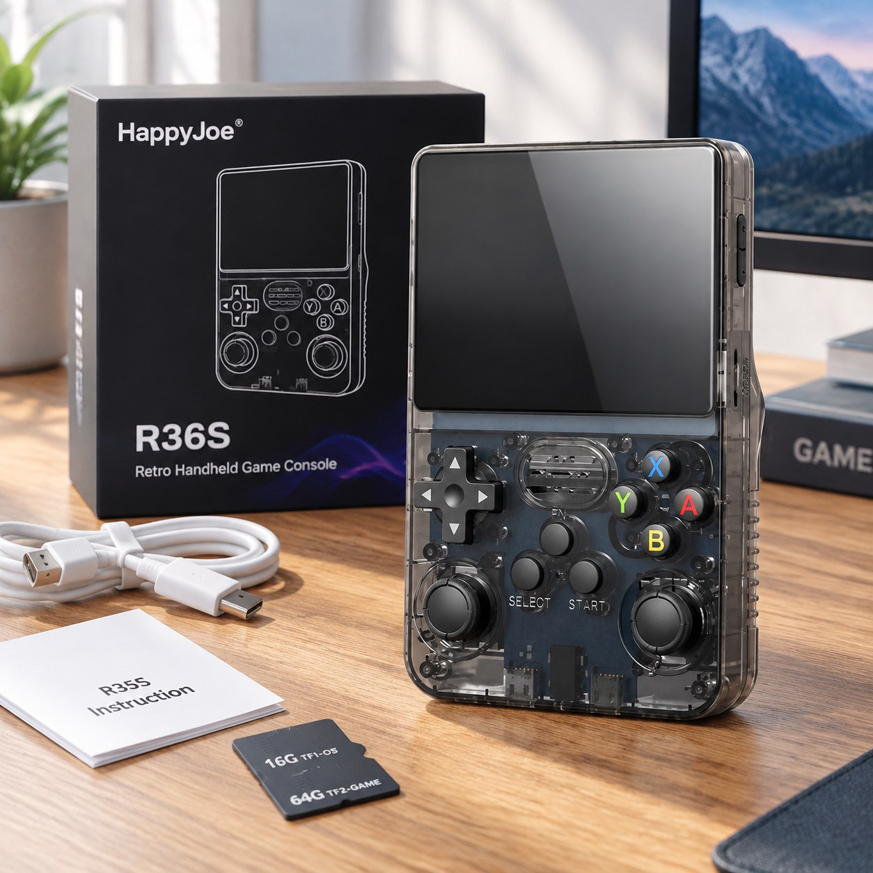 HappyJoe R36S Retro Console, 64 GB, Black, Open Linux System