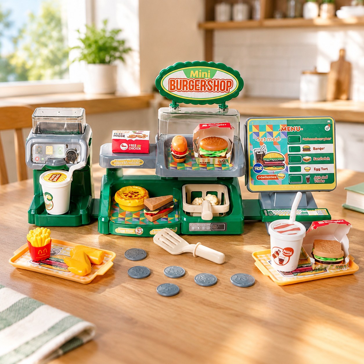 Dark Red Brand Burgershop with Cash Register and Coffee Machine — Toys for girls