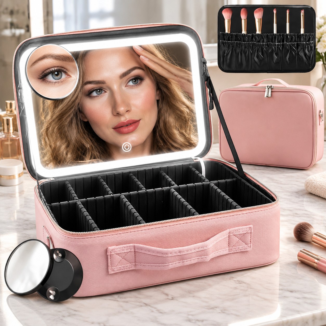 Dark Red Brand Travel Cosmetic Bag with Magnifying Mirror and Lighting — Makeup