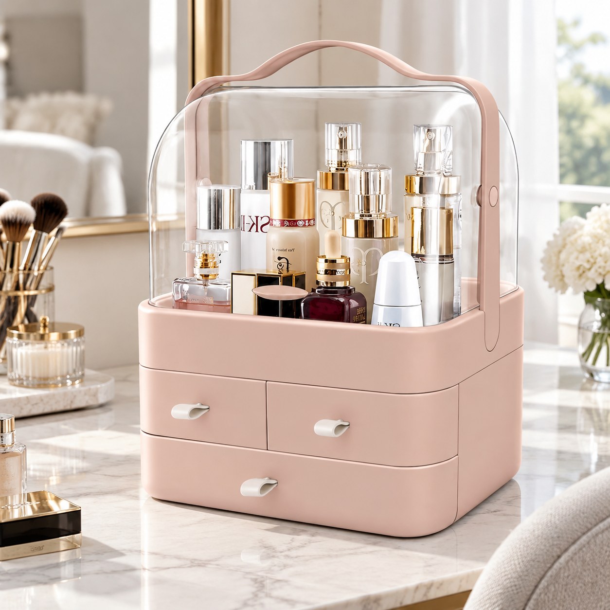 Dark Red Brand Portable Cosmetic Organizer with Drawers — Makeup
