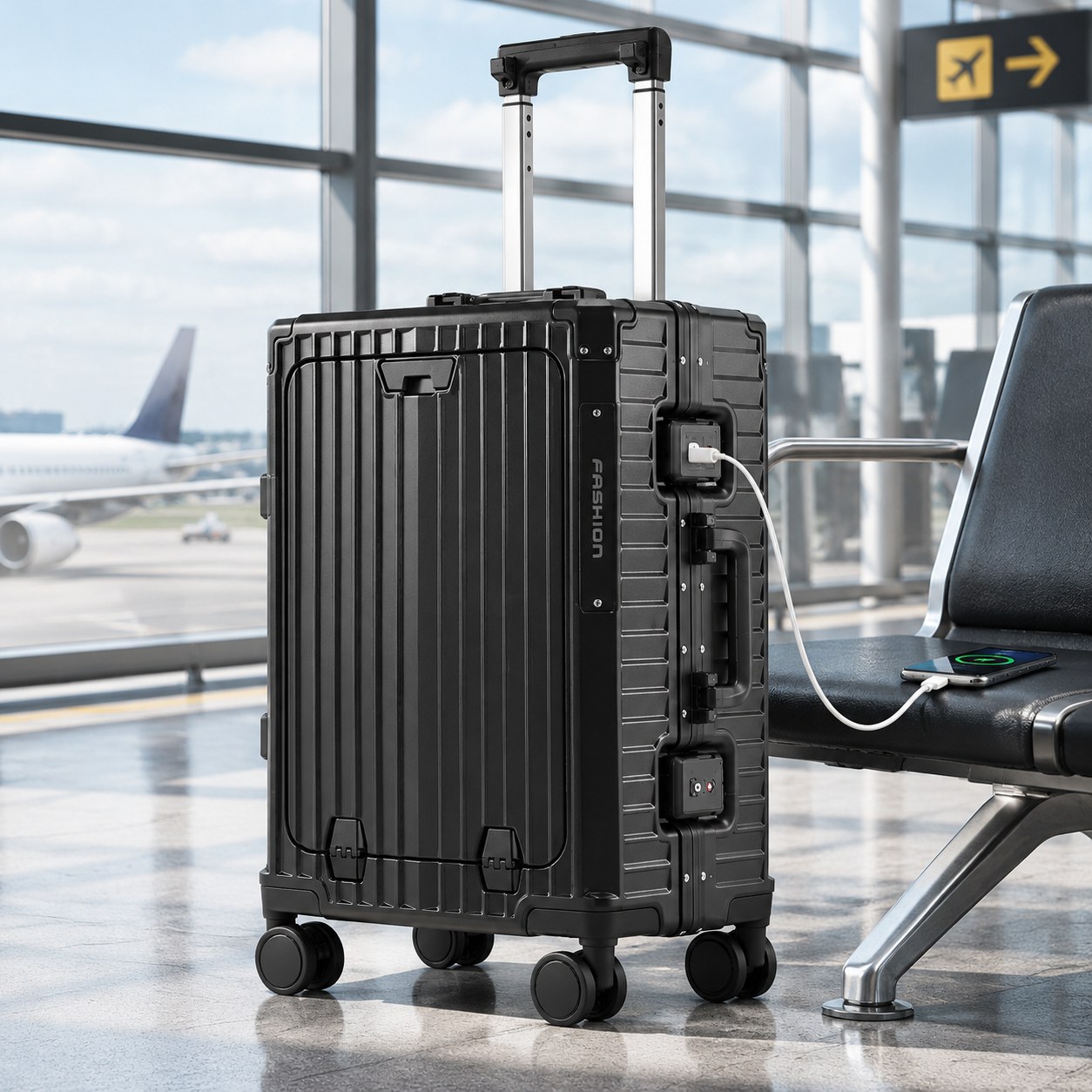 Dark Red Brand Multi-functional suitcase with charging ports, black — Travel gear