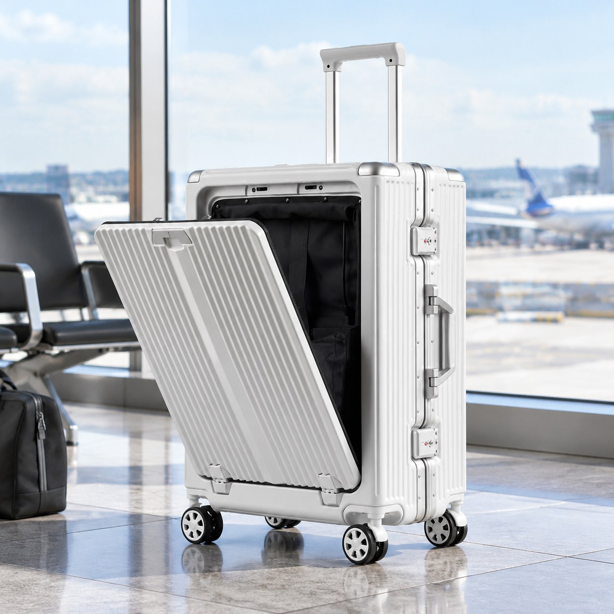Dark Red Brand Multi-functional suitcase with charging ports, silver — Travel gear