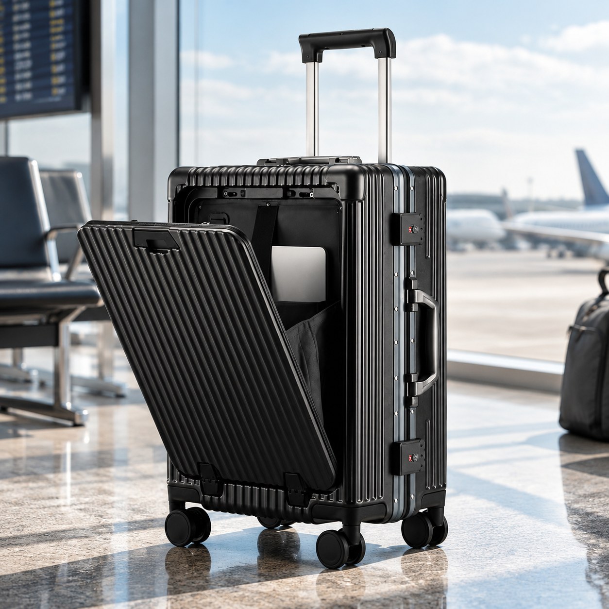 Dark Red Brand Multi-functional suitcase with charging ports, black — Travel gear