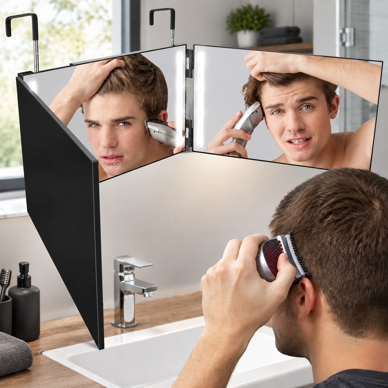 Dark Red Brand 3-Sided Hair Cutting Mirror with LED Light — Makeup