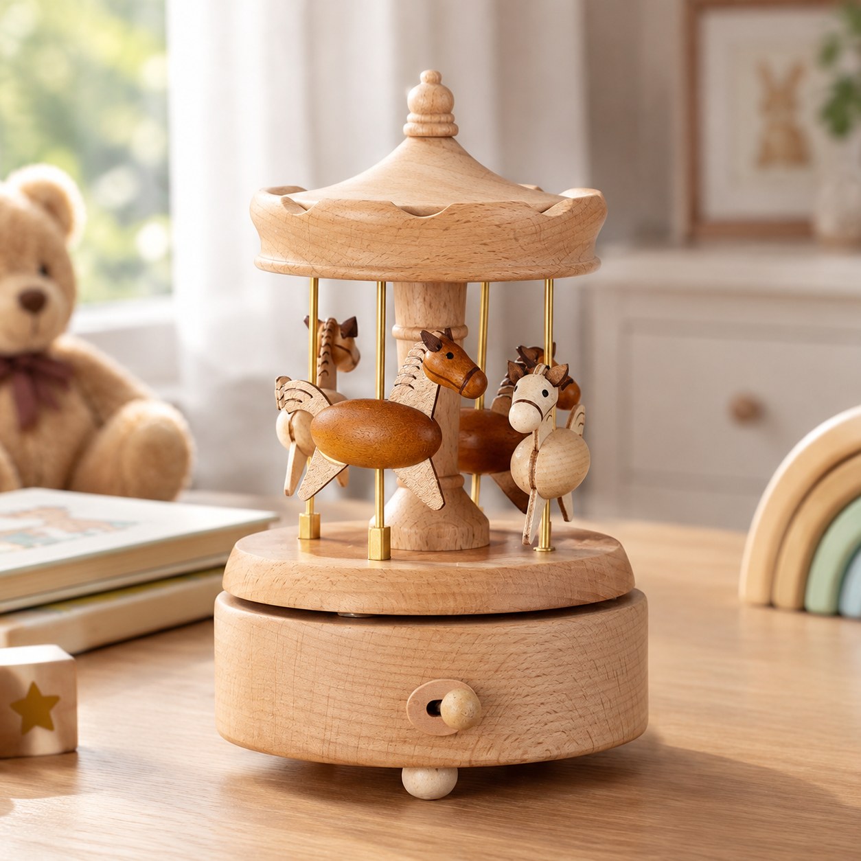 Dark Red Brand Carousel Wooden Music Box — Educational toys