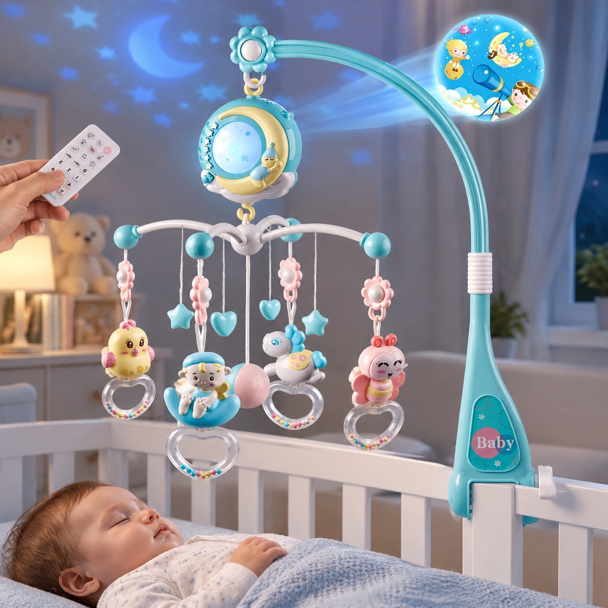 Dark Red Brand Baby Crib Mobile with Projector and Remote Control