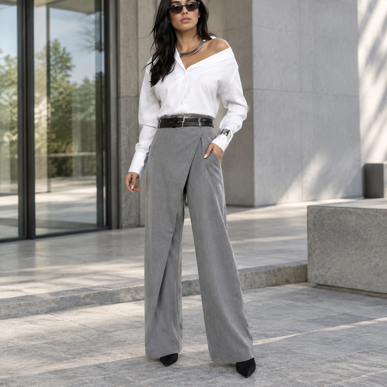 Classic Women's Trousers with Belt, Gray