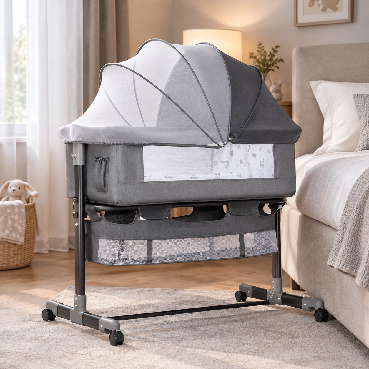 Dark Red Brand Bedside Crib, Grey — Furniture and interior
