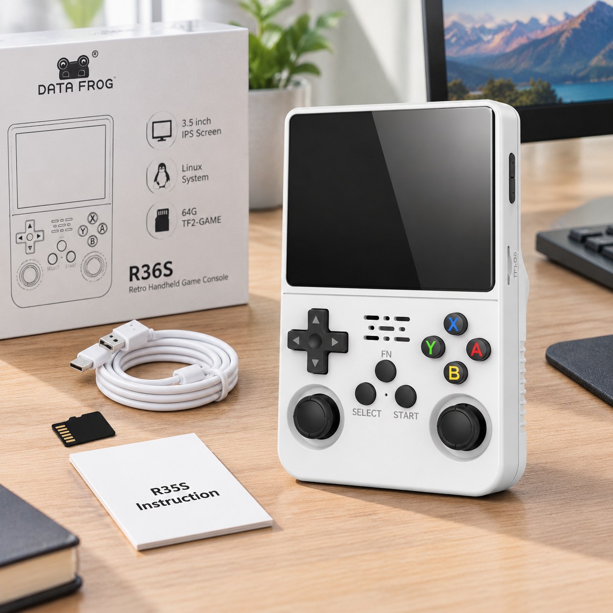 Data Frog R36S Retro Gaming Console "delninis vaizdo žaidimų konsolė" Linux System 3.5 Inch IPS Screen 64 GB Portable Pocket Video Player R35S Plus, White — Computers