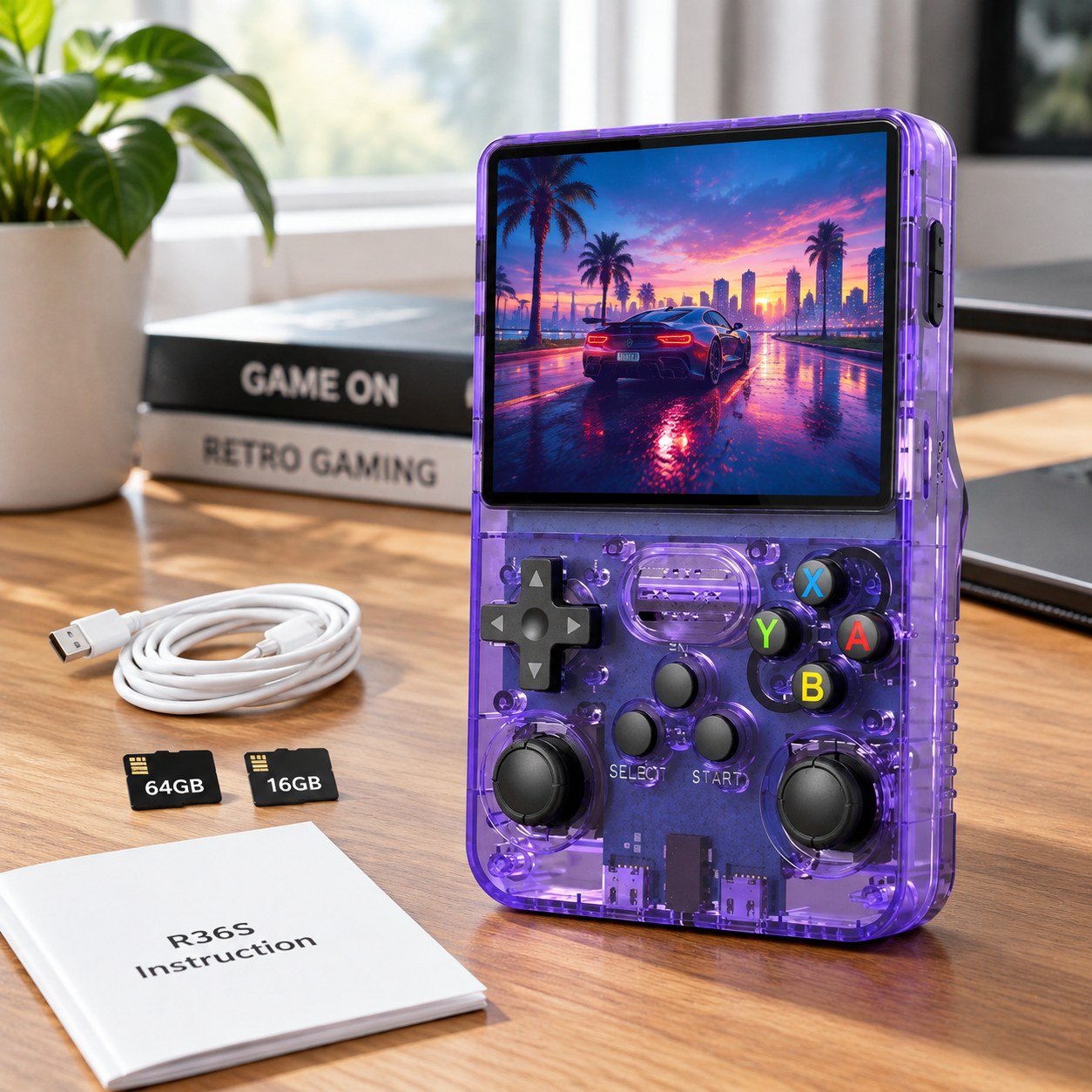 Nenurodyta Data Frog R36S Retro Delninis Vaizdo Žaidimų Konsolė Linux Sistema 3.5 Colio IPS Ekranas Nešiojamas Kišeninis Vaizdo Grotuvas 64 GB Žaidimai, PURPURINĖ — Computers