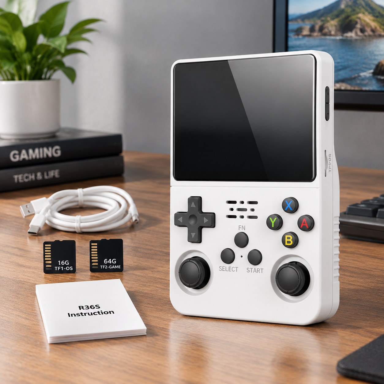 Data Frog R36S Retro Gaming Console Linux System 3.5 Inch IPS Screen Portable Pocket Video Player 64 GB Games White — Computers