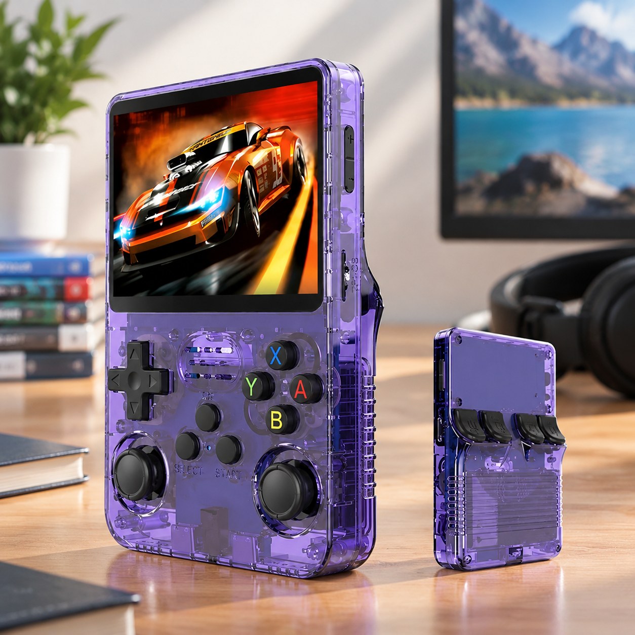 Nenurodyta R36S Nostalgic Handheld Game Console Atviro kodo Linux 3.5-inch IPS Screen Mini Gaming Console 3D Dual System for Kids and Adults, Violet 64G — Computers