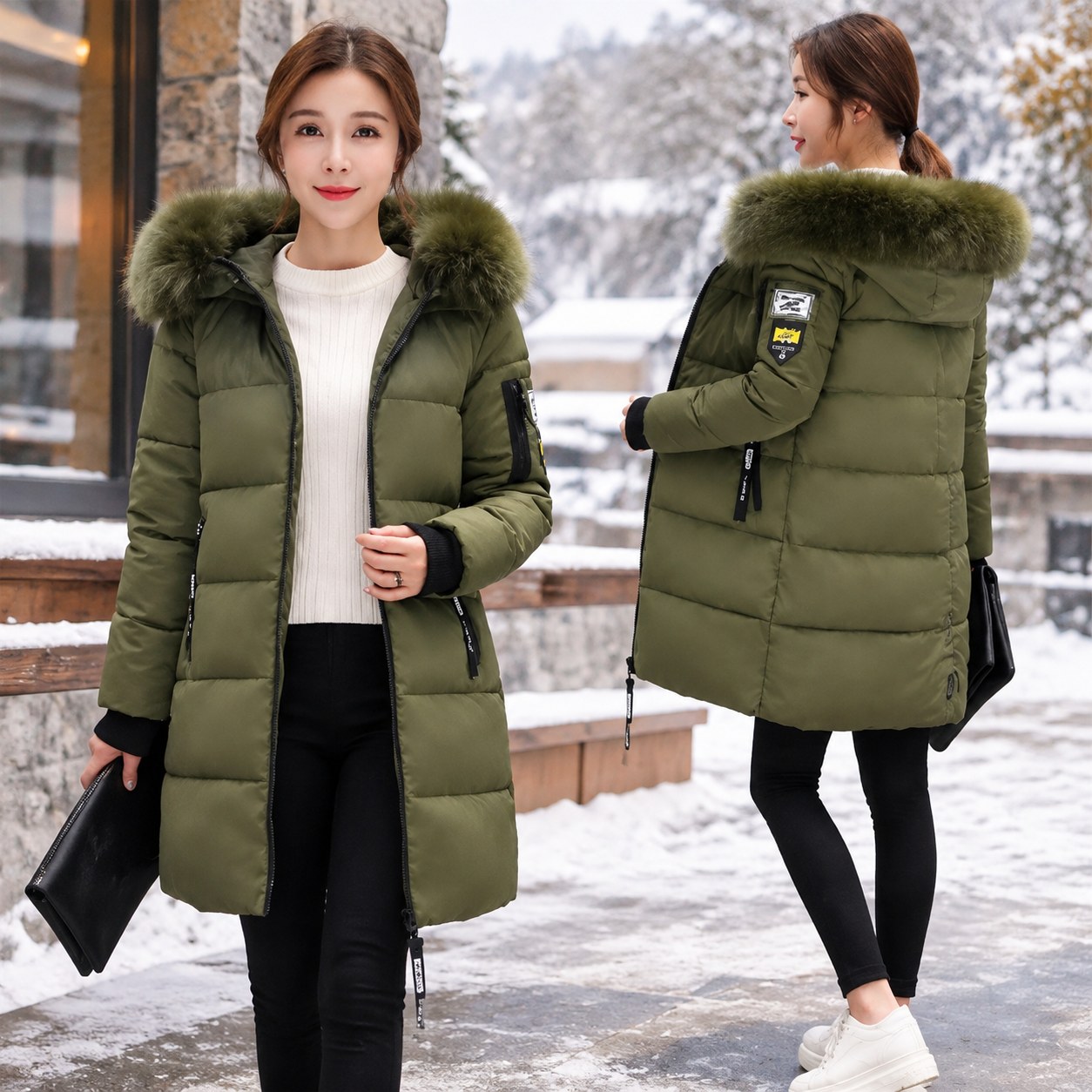 (L-Dark Green) 2024 Winter Jacket Women's Parka with Large Fur Collar and Hood Thick Warm Long Women's Coat Leisure Outerwear Padded Cotton Jacket Parka, L — Clothing, shoes and accessories