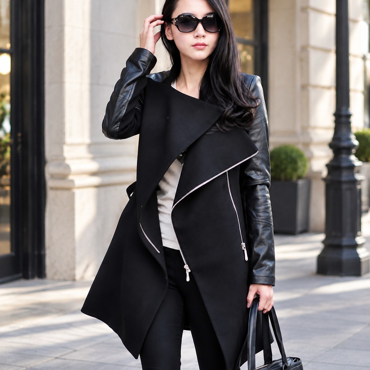 (xL-juoda) Autumn Spring Jacket Women's Polyurethane Leather Trench Coat Long Knitted Elegant Solid Color Coat Vintage Coat with Thin Belt Outerwear, XL — Clothing, shoes and accessories