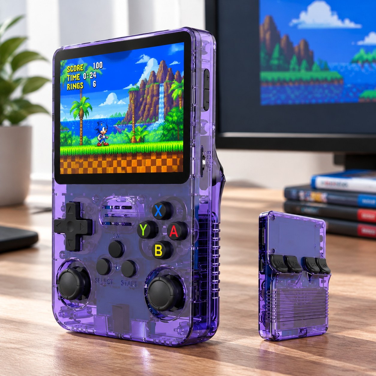 De'Luxe R36S Retro-Style Portable Game Console for Classic Games, 64G and 1500, Purple — Computers