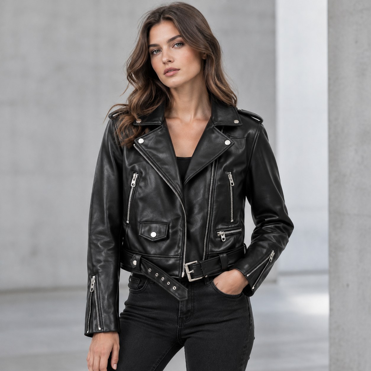 (xxL-Black) RARF Spring and Autumn 2024 New PU Leather Jacket with Belt Women's Motorcycle Jacket with Zipper Black Biker Jacket, XXL — Car and motorbike