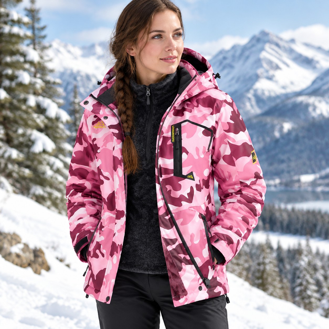 (JAV L(CN xL)-pink Camo) MAGCOMSEN Women's Trend Winter Ski Jacket, Warm Wool Parka, Waterproof Raincoat Jacket for Hiking, Fishing, Snowy Conditions, L — Clothing, shoes and accessories