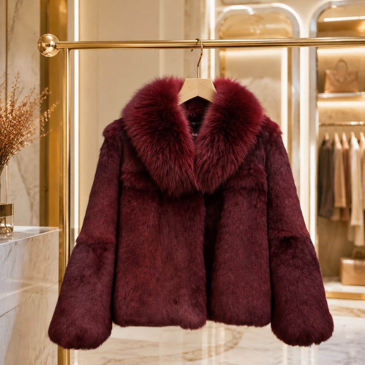 Nenurodyta (xL-Burgundy) Winter Coat Made of Natural Rabbit Fur with Fox Fur Collar 2024 Women's Fox Fur Jacket, XL — Clothing, shoes and accessories