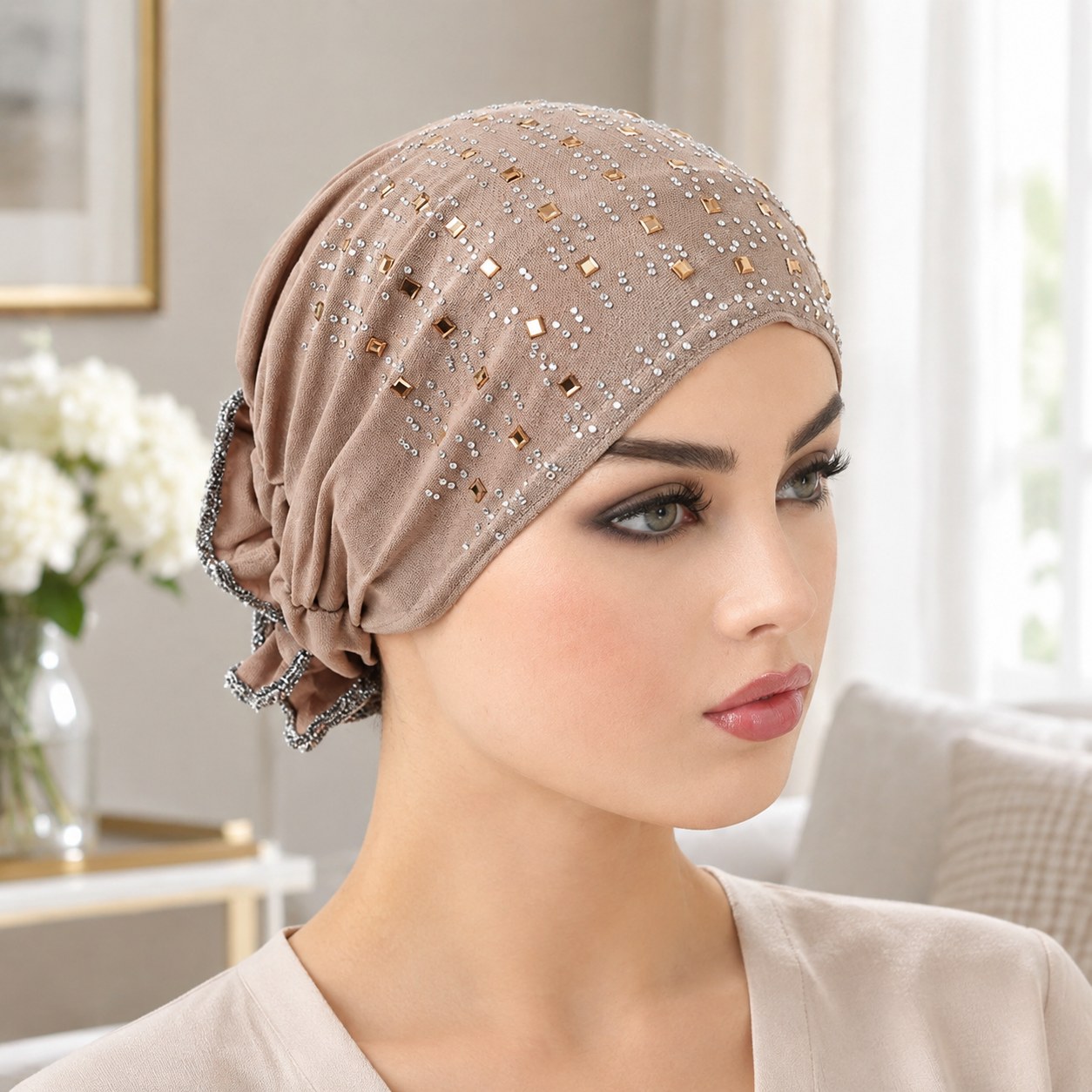 (03 Khaki) Muslim Women's Floral Crab Chemotherapy Hat, Hair Loss Protection Cap, Islamic Turban Headwear, Skull Beans Arab Mountain Crystal, 03 Khaki — Clothing, shoes and accessories