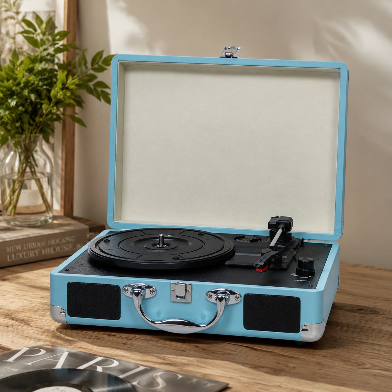 Music Center Record Player Phonograph Vintage Vinyl Turntable Retro Speaker Audio MDY-1603 Blue EU Standard — TV, audio and video