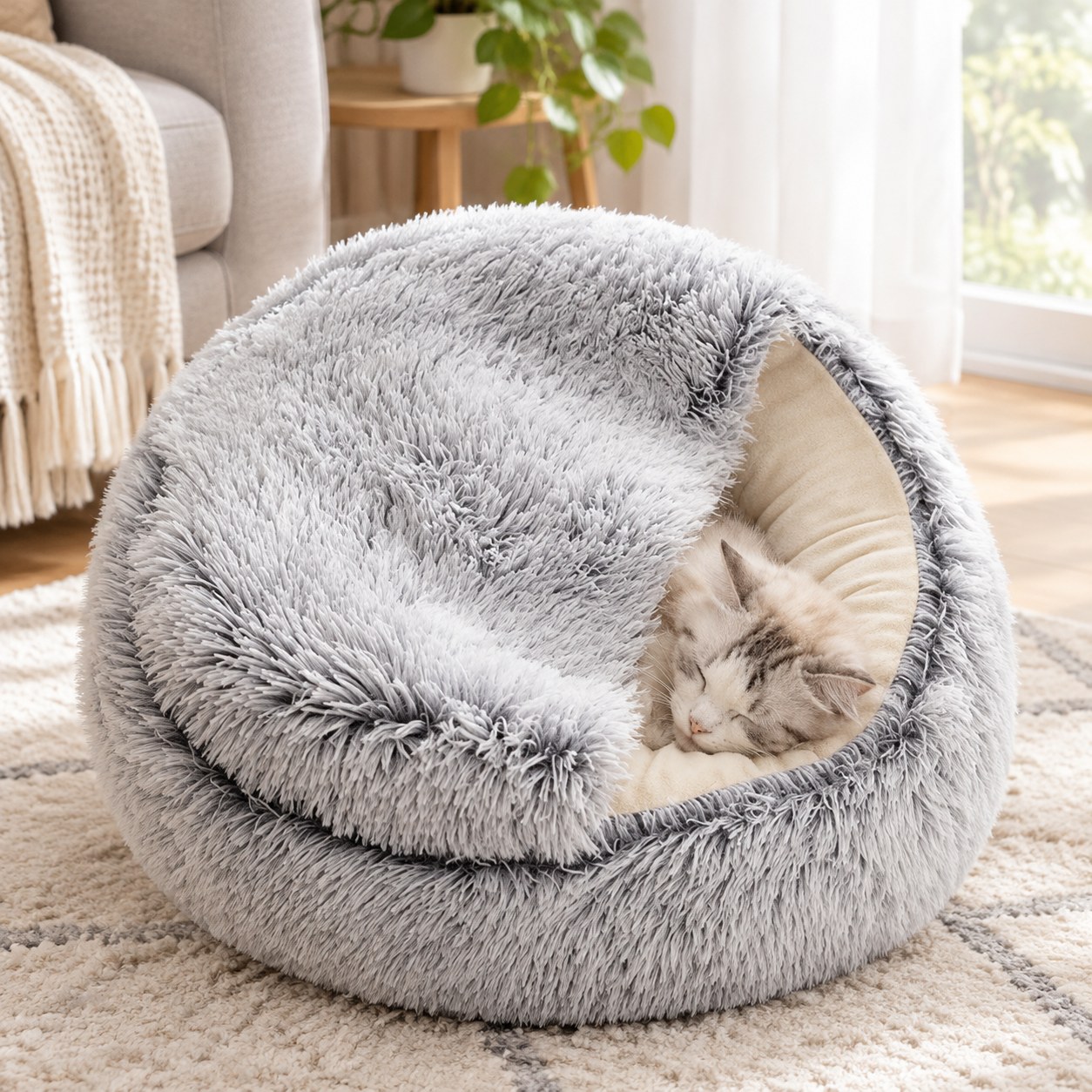 1 pc Pet Bed, Plush Cat Bed with Hood, Comfortable Cat Bed, Small Dog Bed, Warm and Cozy Cat House, Anxiety-Reducing Donut-Shaped Bed, Suitable for Small and Medium-Sized Cats and Dogs - Grey-L — Toys